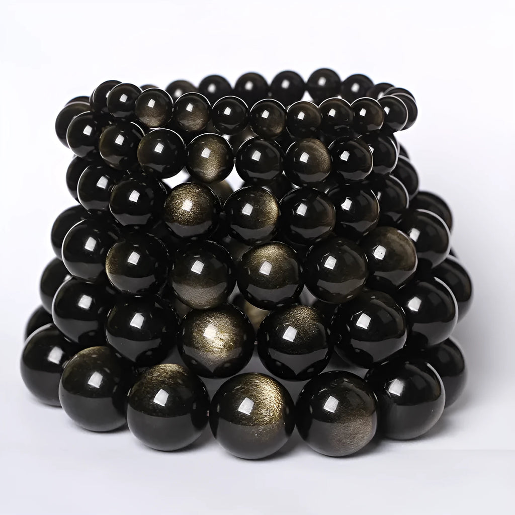 Hand-woven obsidian bracelet with round crystal beads in multiple colour options and sizes
