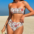 Women's printed bandeau swimsuit bikini set with triangle top and matching beach shorts.