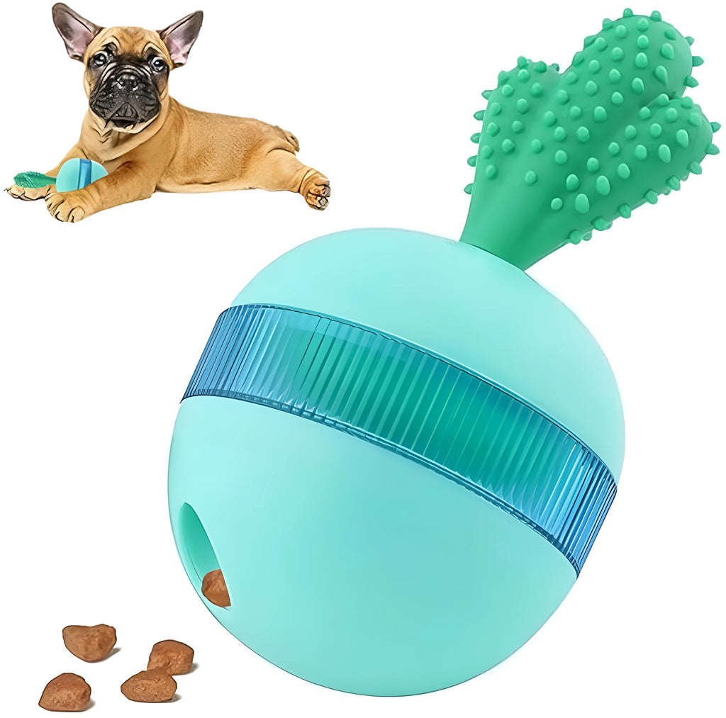 Blue interactive treat dispensing dog puzzle ball for medium large dogs with durable rubber construction