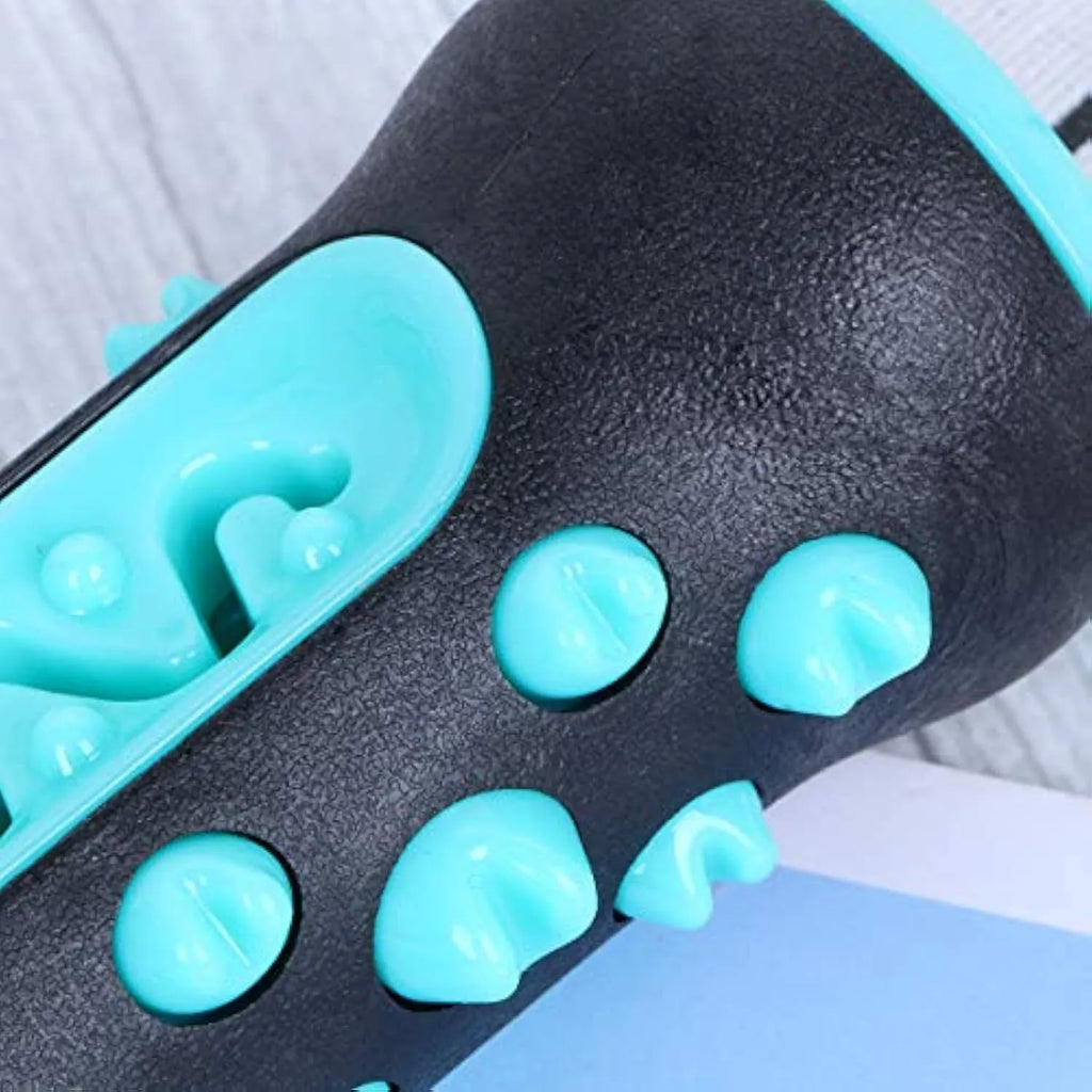 Natural rubber dog dental chew toy in blue, shaped like a toothbrush with cleaning ridges.