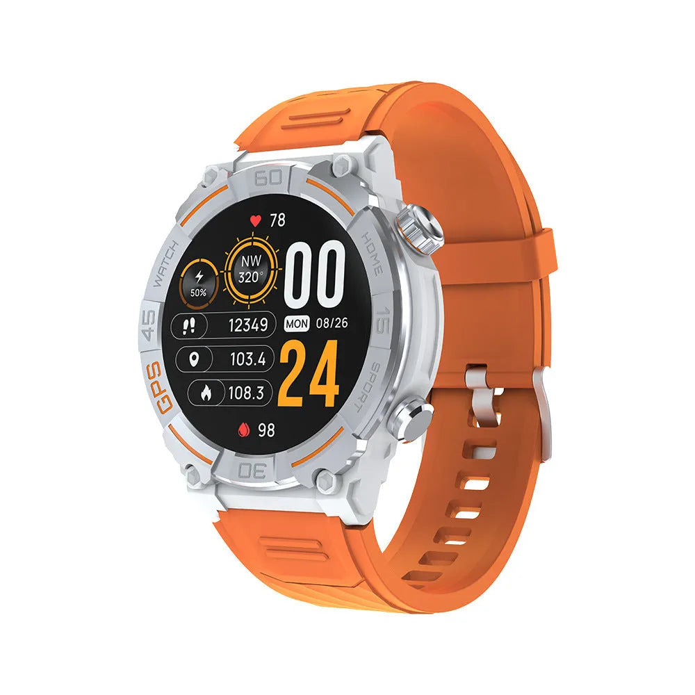 MG02 smartwatch with Bluetooth calling and health monitoring functions in black, khaki or silver orange colours