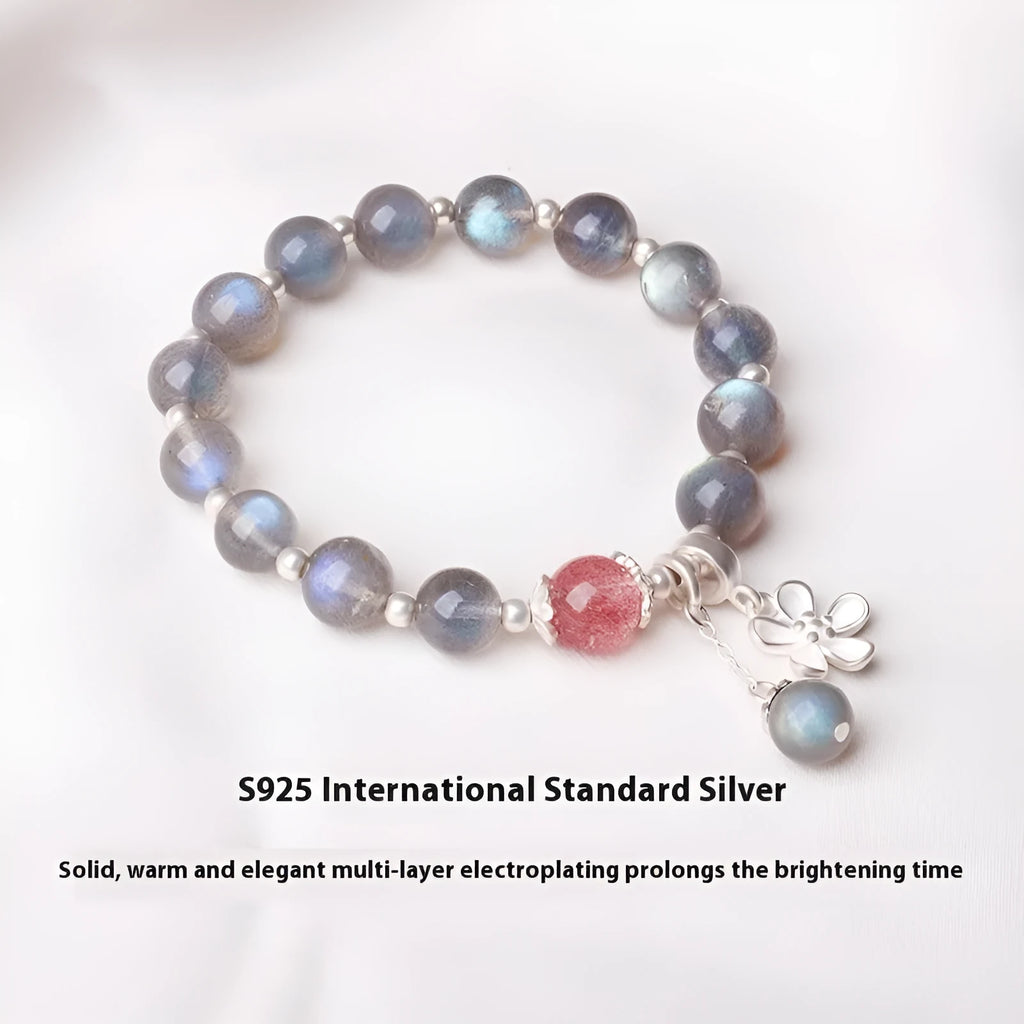 Women's 925 silver bracelet with 7.5mm grey moonlight crystal and honeysuckle charm