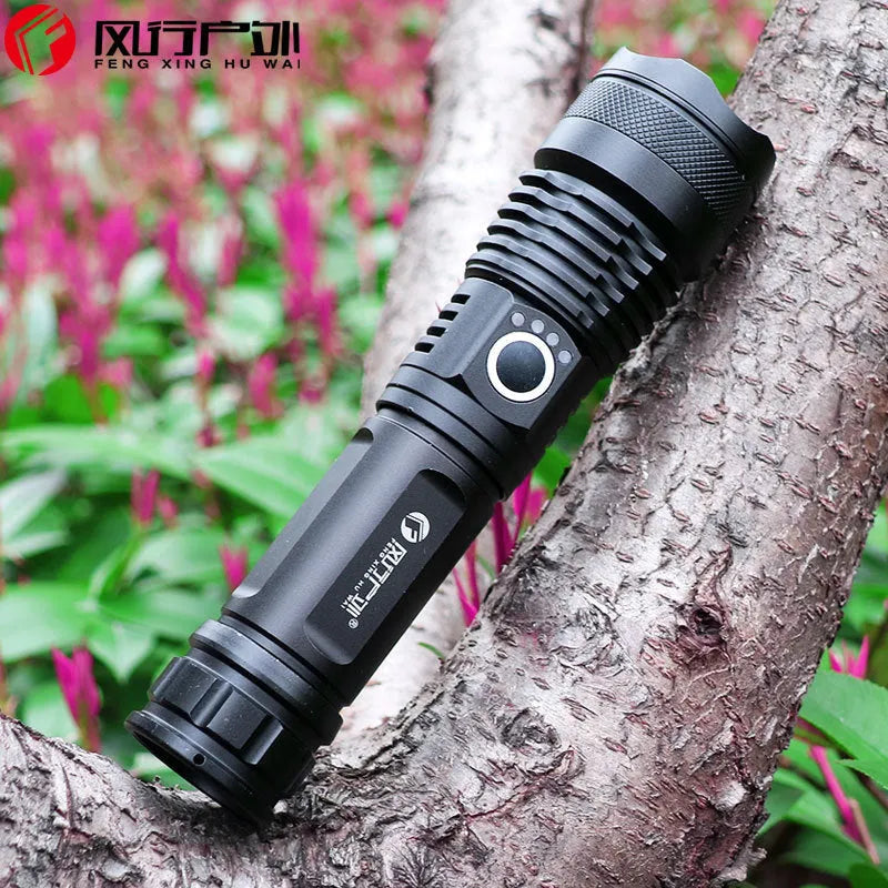 Black aluminium alloy rechargeable LED zoom flashlight with display, 30W, 500m range, no battery or cable included