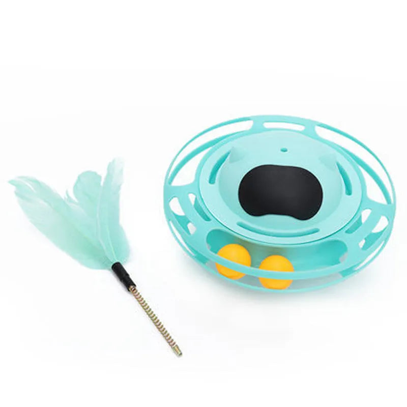 Pink cat tumble turntable toy with attached cat stick for interactive play