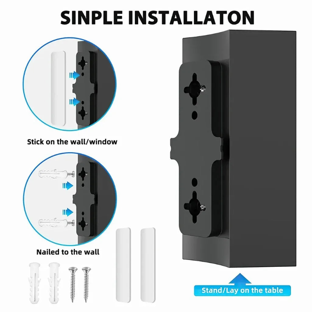 Black plastic indoor digital television antenna with mounting accessories.