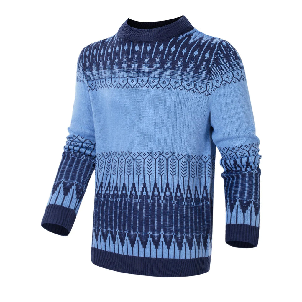 A men's long-sleeved knitted pullover sweater shown in one of five available styles.