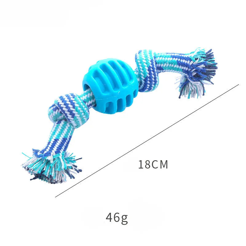 Blue soft dog chew toy with molar-shaped textured head and integrated knotted rope for dental care.
