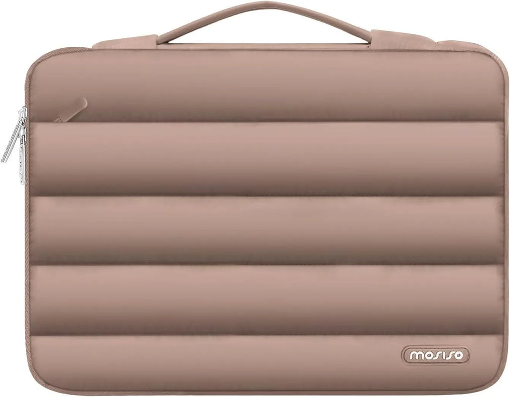 Velvet laptop bag in sand colour with plaid pattern, suitable for a 13.3-inch or 15.4-inch device.