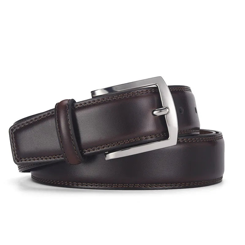Men's genuine two-layer cowhide leather belt with alloy pin buckle in classic black or brown