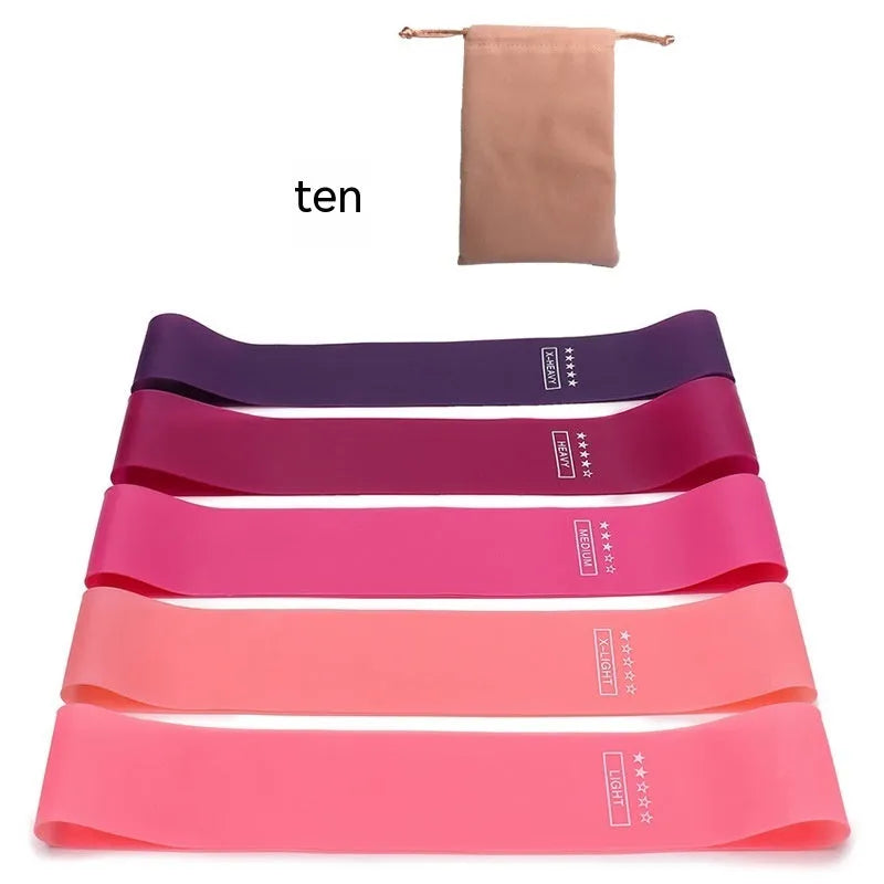 Set of five colour-coded yoga resistance straps with force marks and five plain TPE straps.