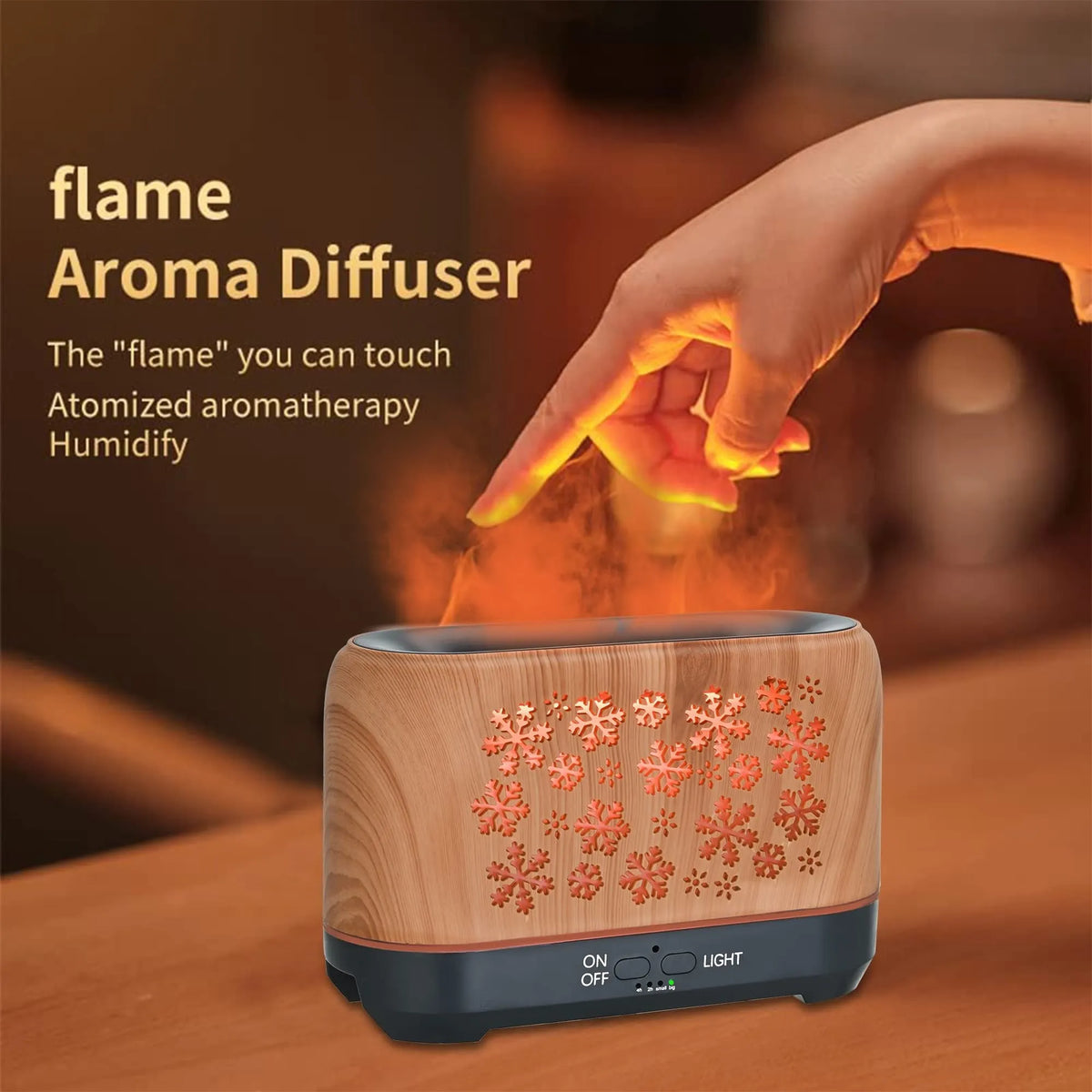 Wood grain snowflake pattern aromatherapy humidifier with colourful flame effect lighting on desktop