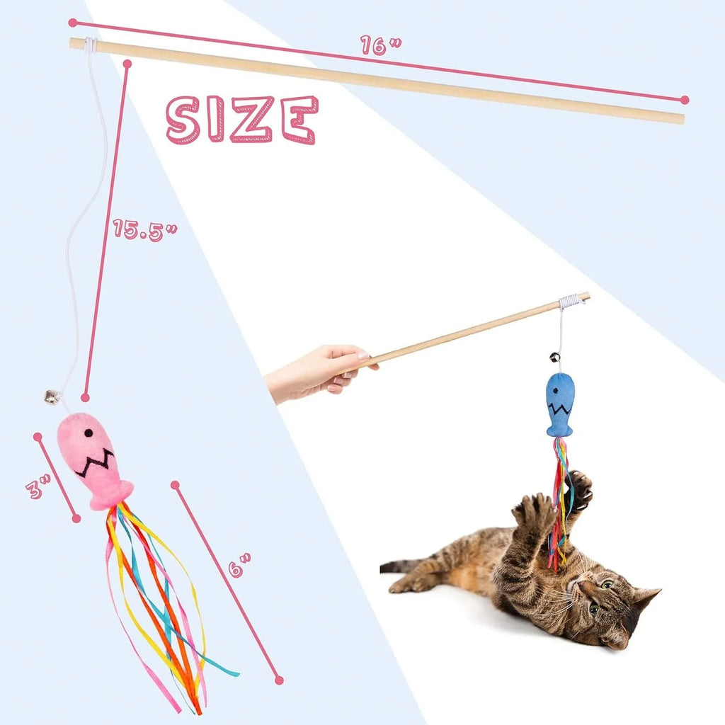 Cat wand toy with wooden handle, colourful ribbons, catnip fish and bell for interactive play