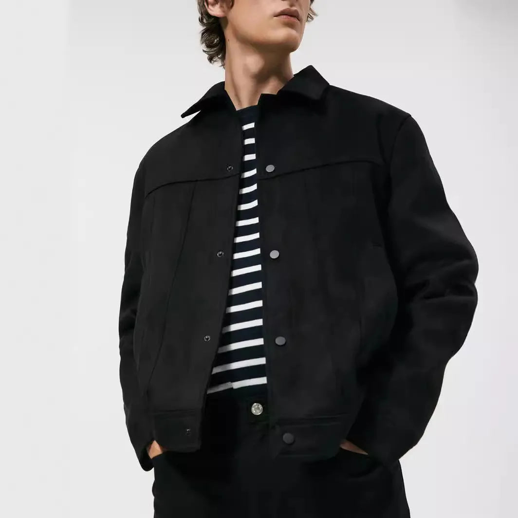 Black men's hooded jacket with a suede collar and side seam pockets on a hanger.