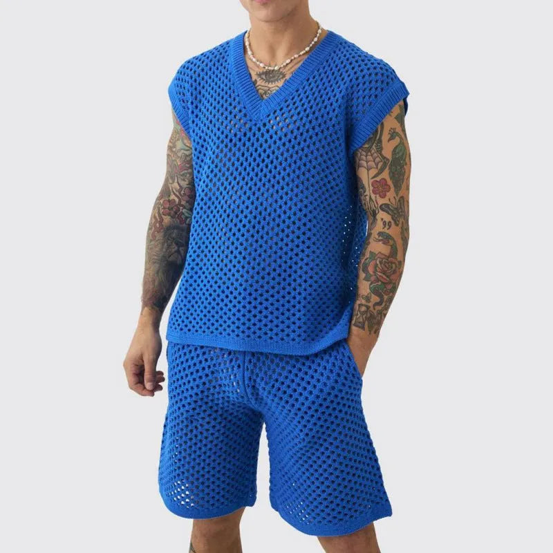 Men's sleeveless V-neck knitted vest and matching shorts sports suit in blue black white or khaki