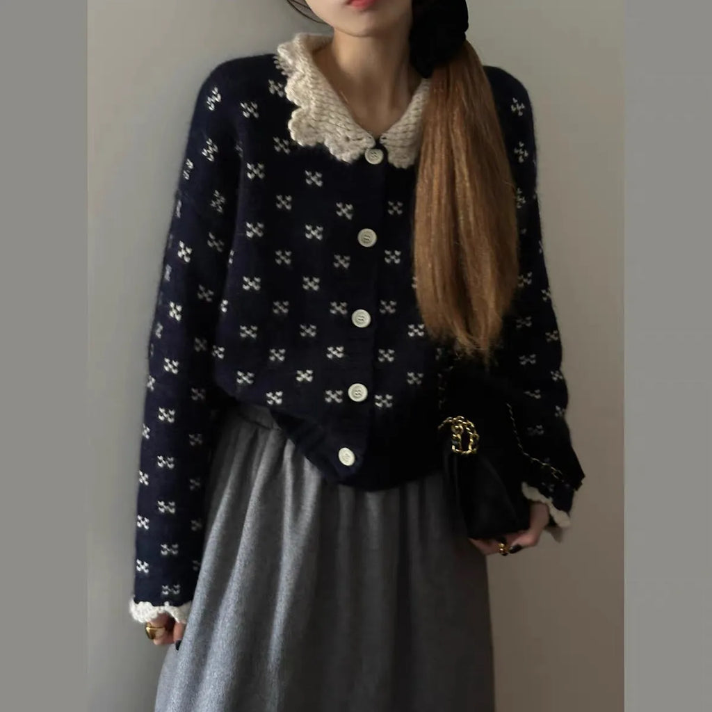 Retro Peter Pan collar floral pattern knitted cardigan in navy blue, apricot, or grey