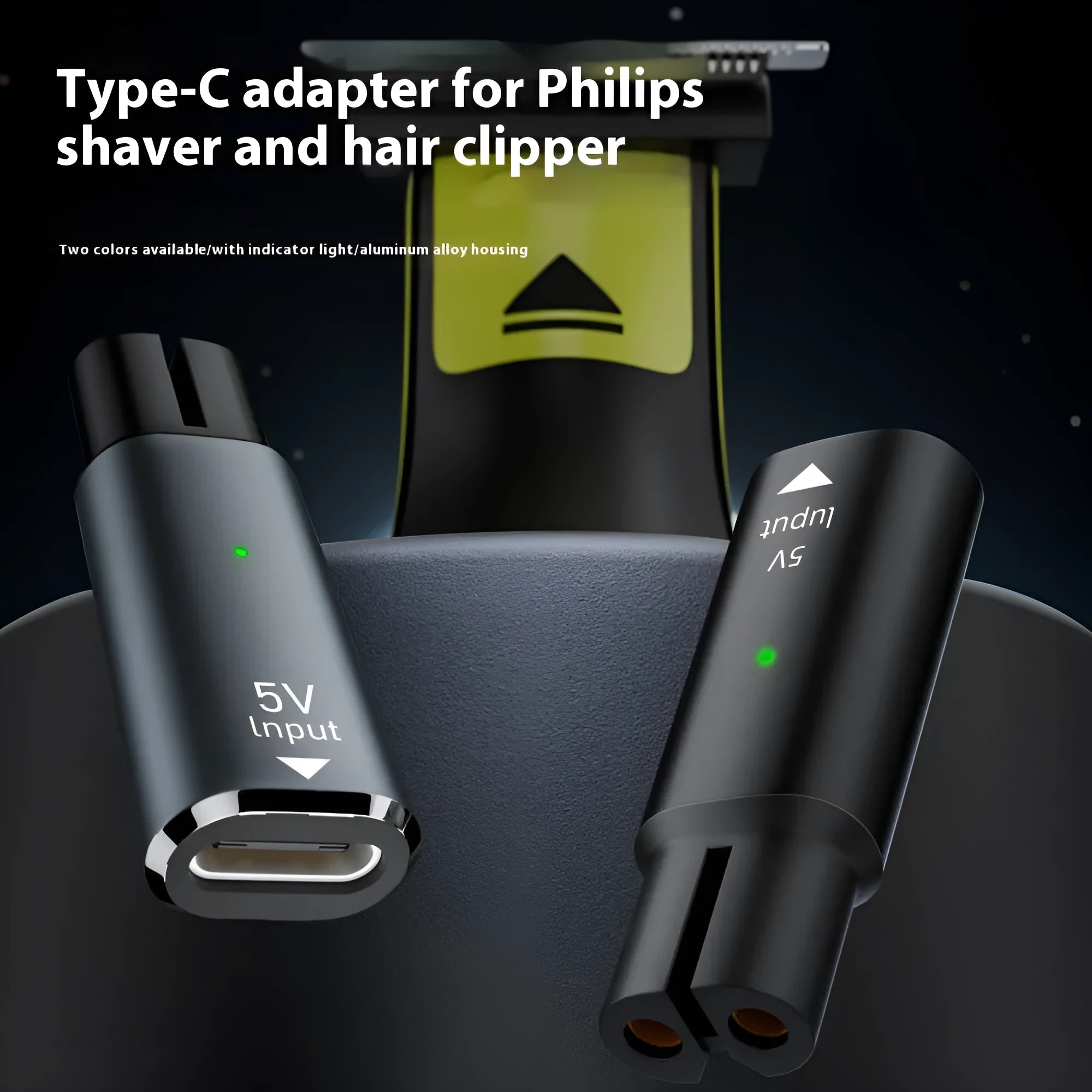 Black USB-C charging adapter for electric shavers and hair clippers with aluminium alloy construction