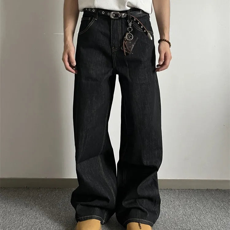 Black loose wide-leg retro jeans with a straight-leg cut and mid waist on a mannequin.