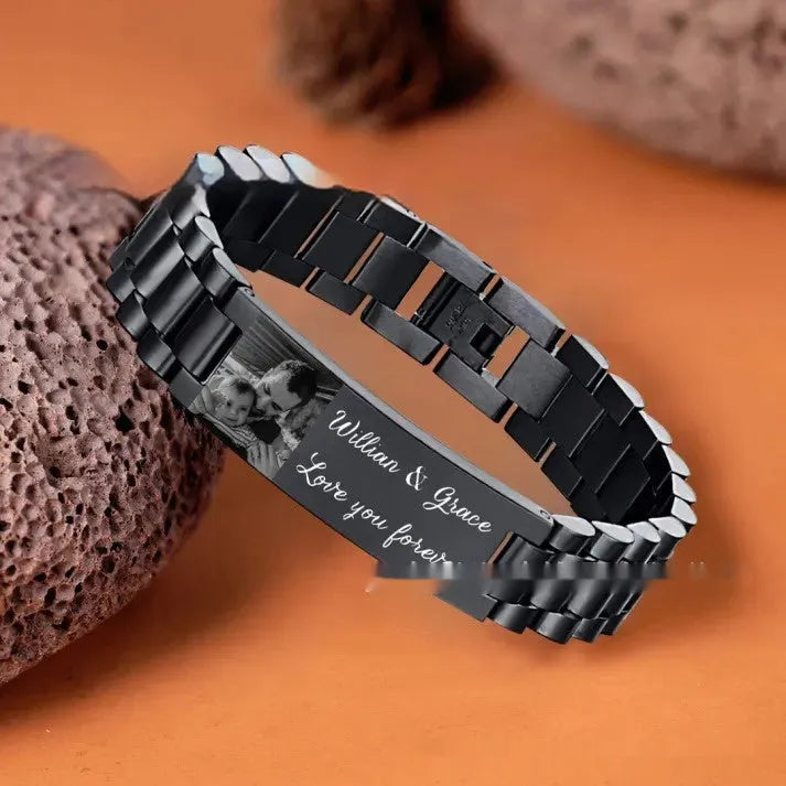Titanium steel men's bracelet with curved heart design and engraved lettering options