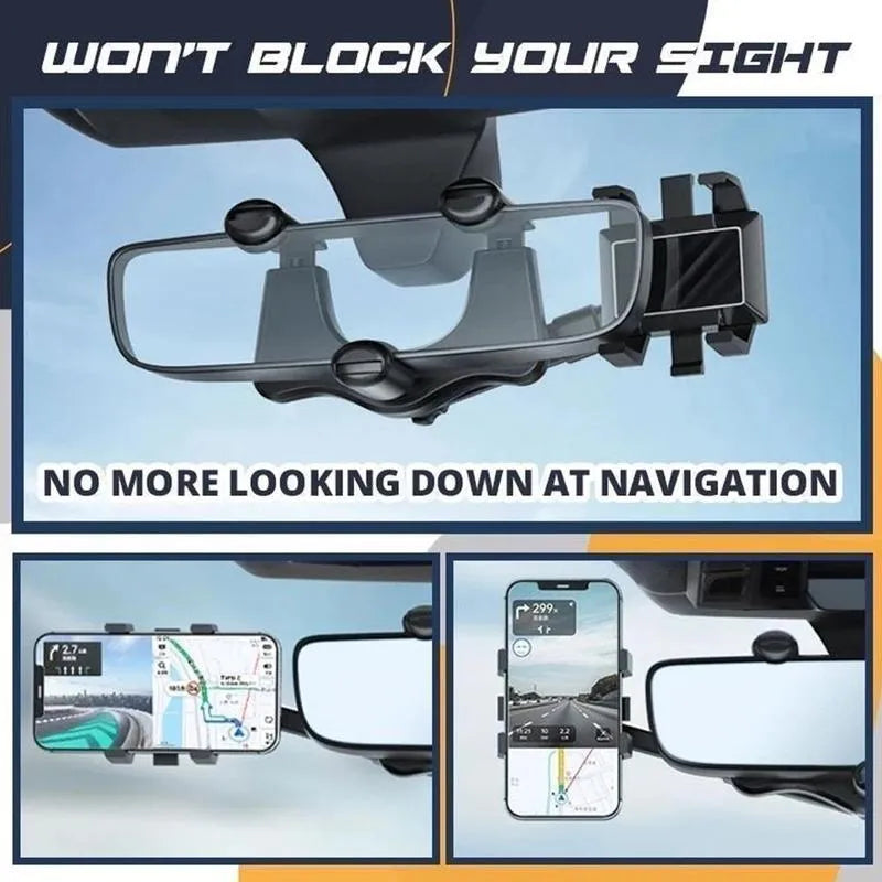 Black rearview mirror phone holder with 360 degree rotation and retractable arm for car mounting
