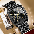 Square faced men's business watch with stainless steel strap on wrist