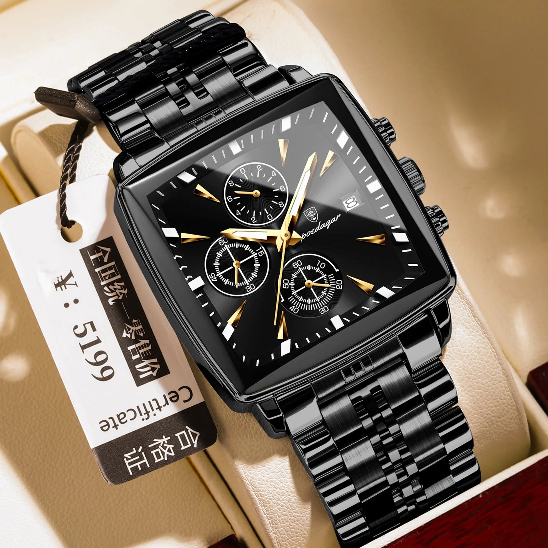 Square faced men's business watch with stainless steel strap on wrist