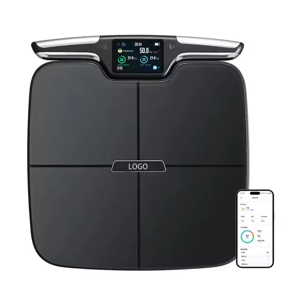 Black eight-electrode body fat scale with digital display on 45cm square platform