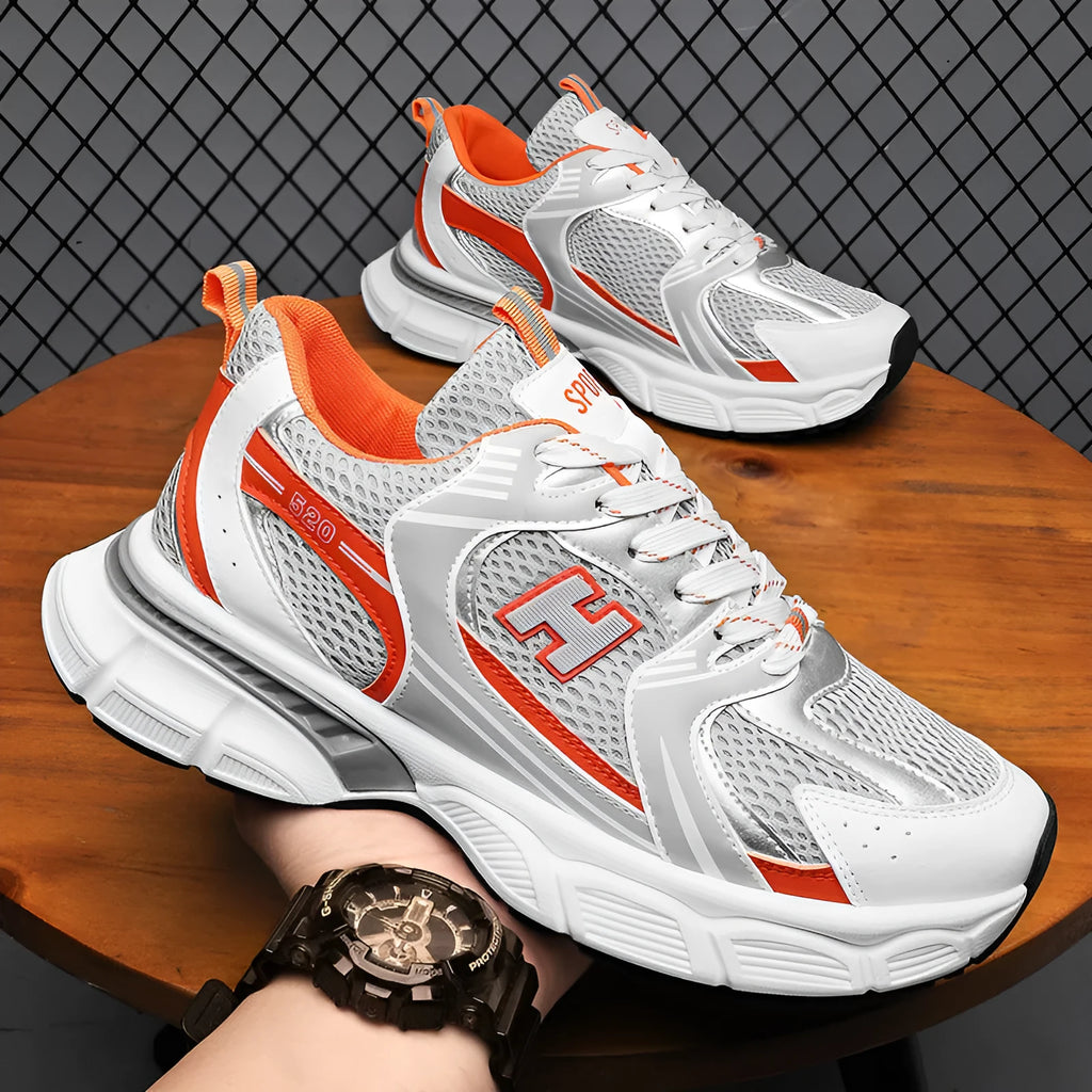Men's mesh casual running shoes in black, white orange, and white grey with round toe and plastic soles