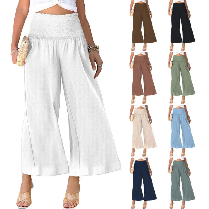Women's high-waist pleated cotton casual trousers in a straight-leg cropped cut