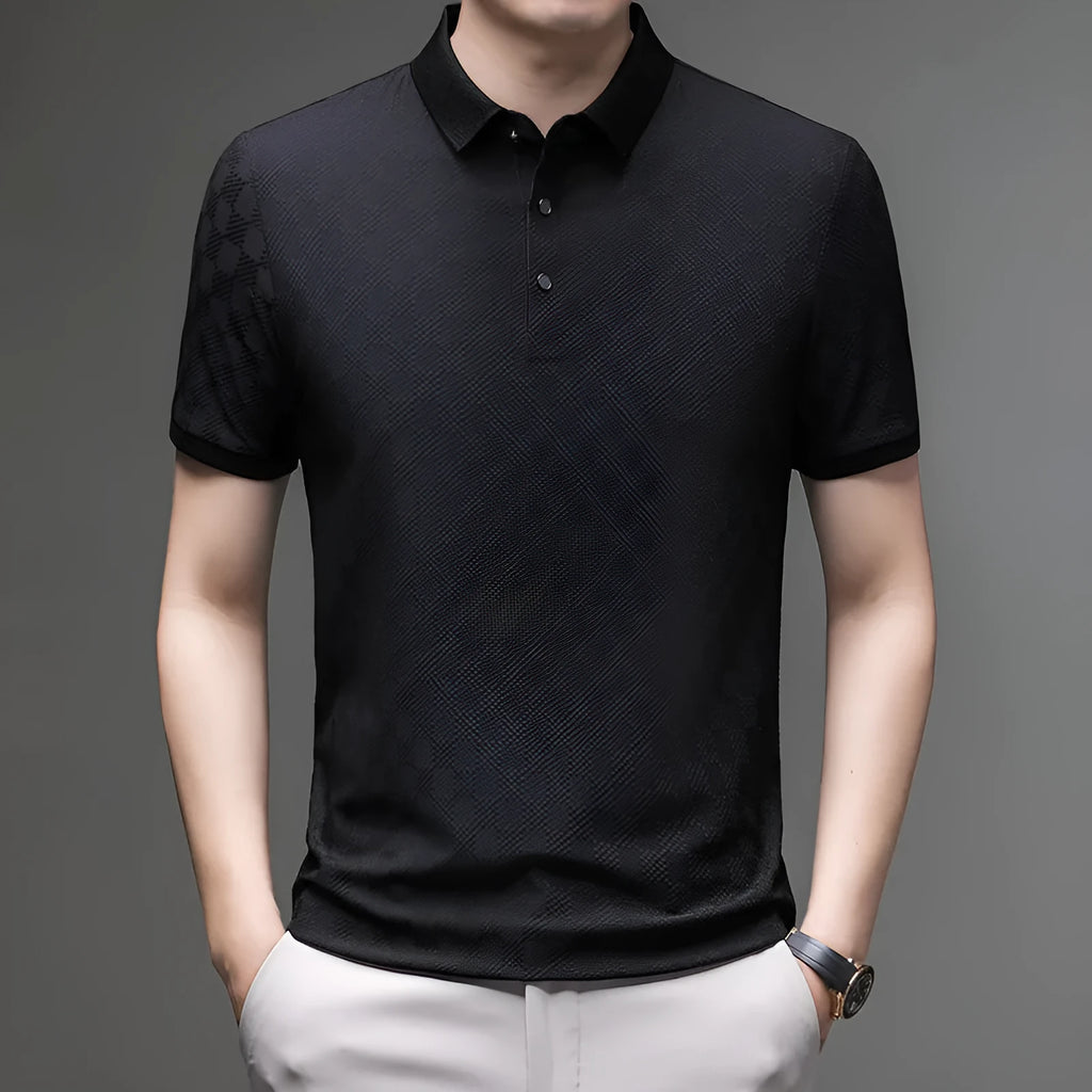 Men's black rhombus pattern short sleeve T-shirt with a slit hem, made from thin Chemical Fiber blend fabric.