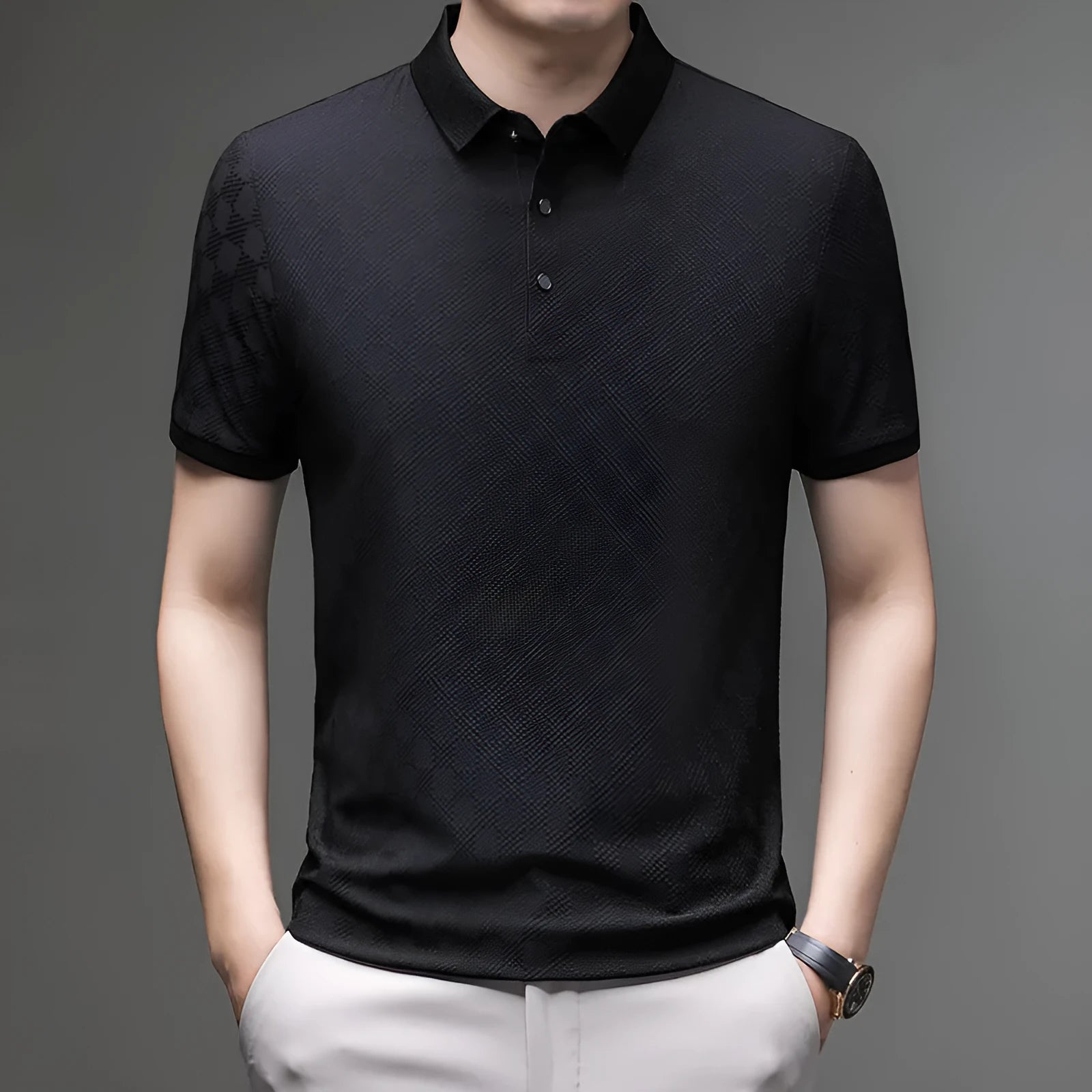 Men's black rhombus pattern short sleeve T-shirt with a slit hem, made from thin Chemical Fiber blend fabric.
