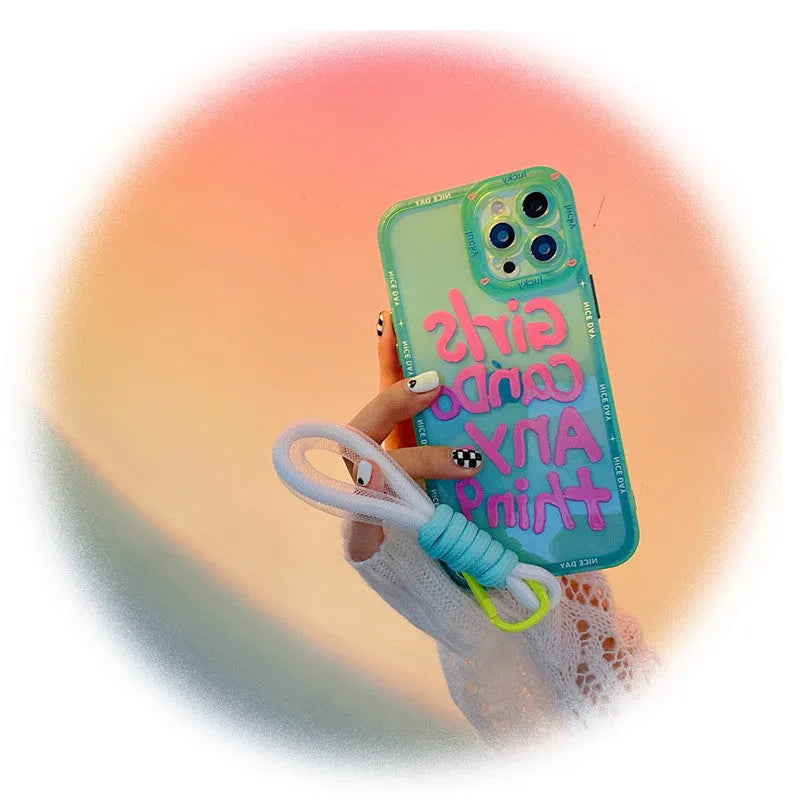Personalised mint green graffiti phone case with animal design and detachable lanyard for Apple iPhone.