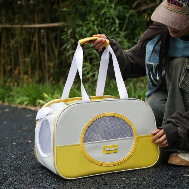 Outdoor foldable cat backpack carrier in blue colour with breathable panels.