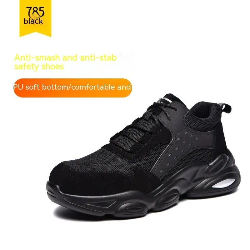 Men's black mesh safety work shoe with anti-smash toe protection and PU sole on a industrial background.