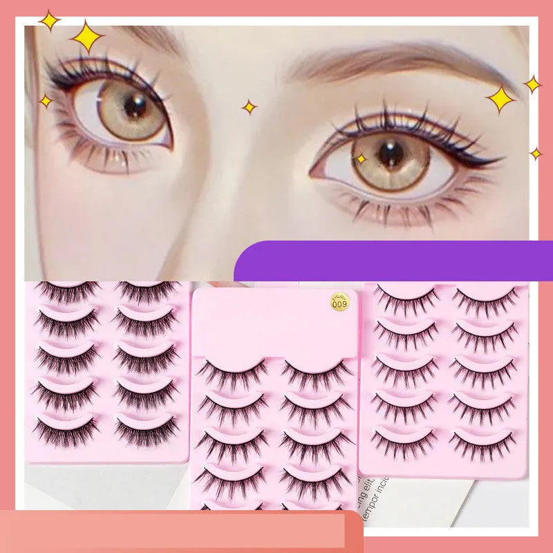 Set of manga-style false eyelashes in three wispy styles 007, 008, and 009 with black plastic bands.