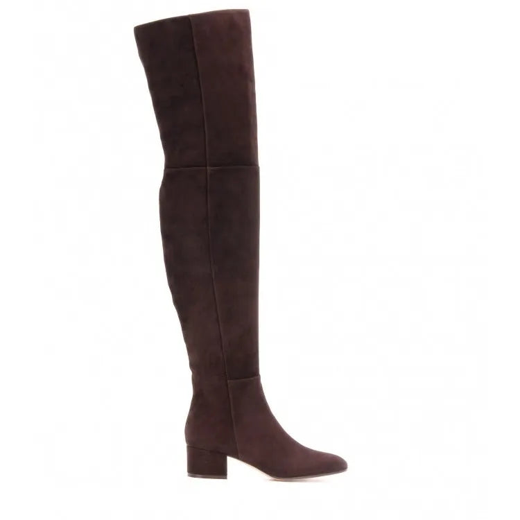 Grey suede women's flat over-the-knee boots with pointed toe and low thick heel