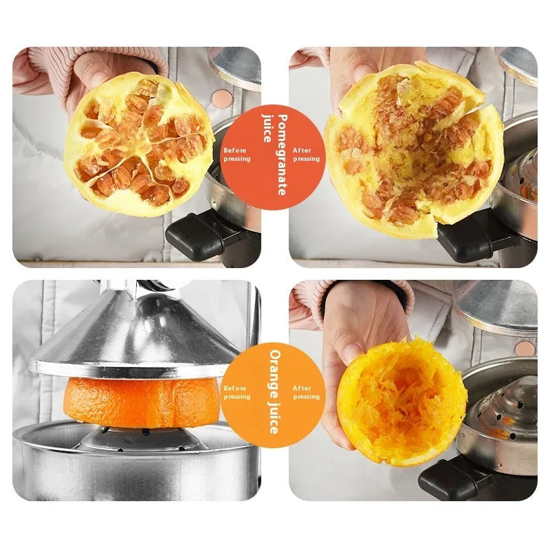 Black cast iron manual citrus juicer with stainless steel strainer, 40cm tall