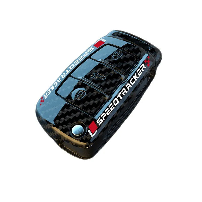 Carbon fibre style car key cover with mirror element in carbon black and white colours