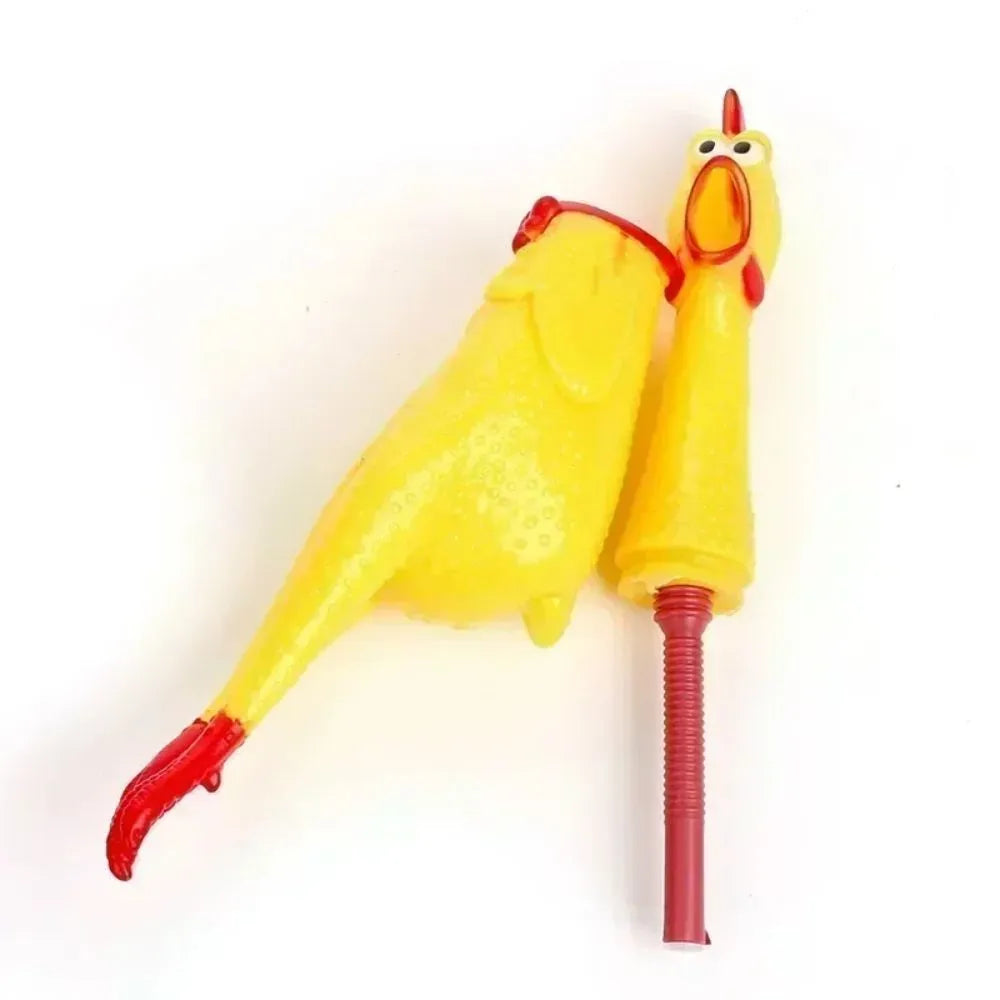 Yellow rubber screaming chicken dog squeaky toy shown in three different sizes