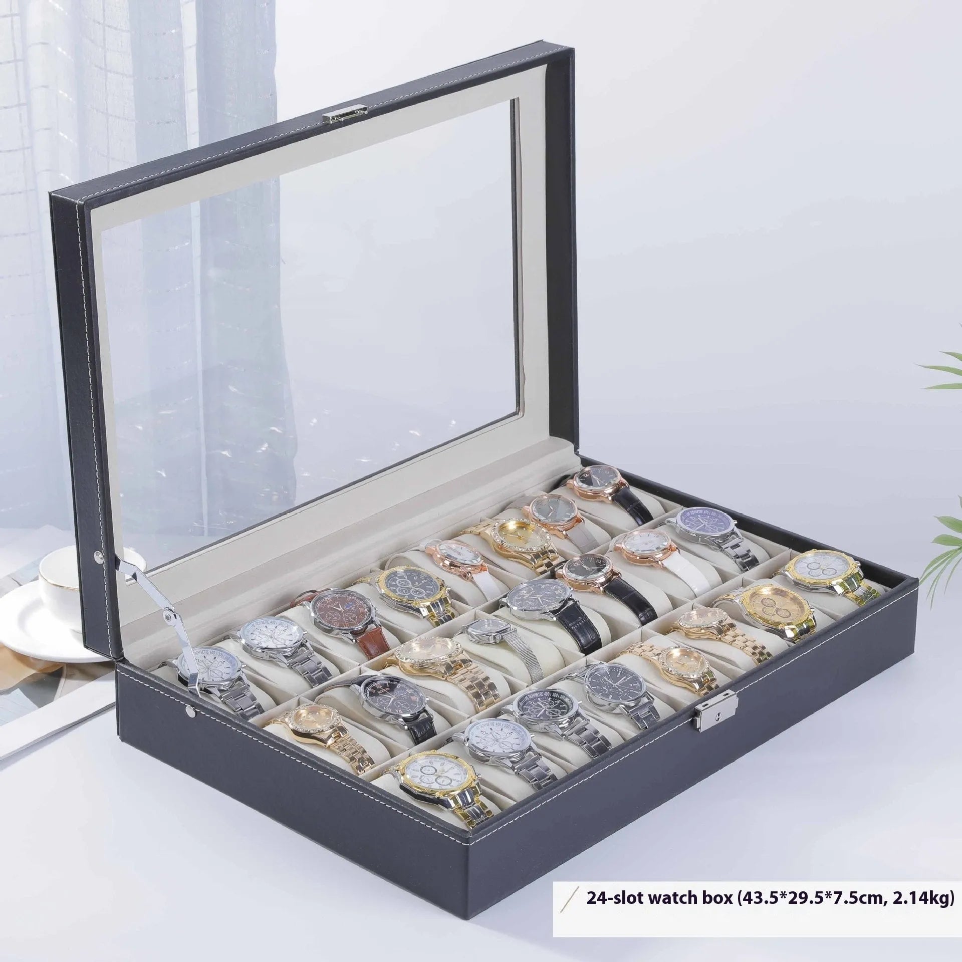 Grey high-grade leather watch storage box with transparent dustproof lid showing internal watch slots