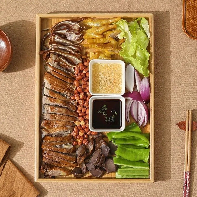 Square bamboo tray with brown handle for barbecue shops and dining establishments