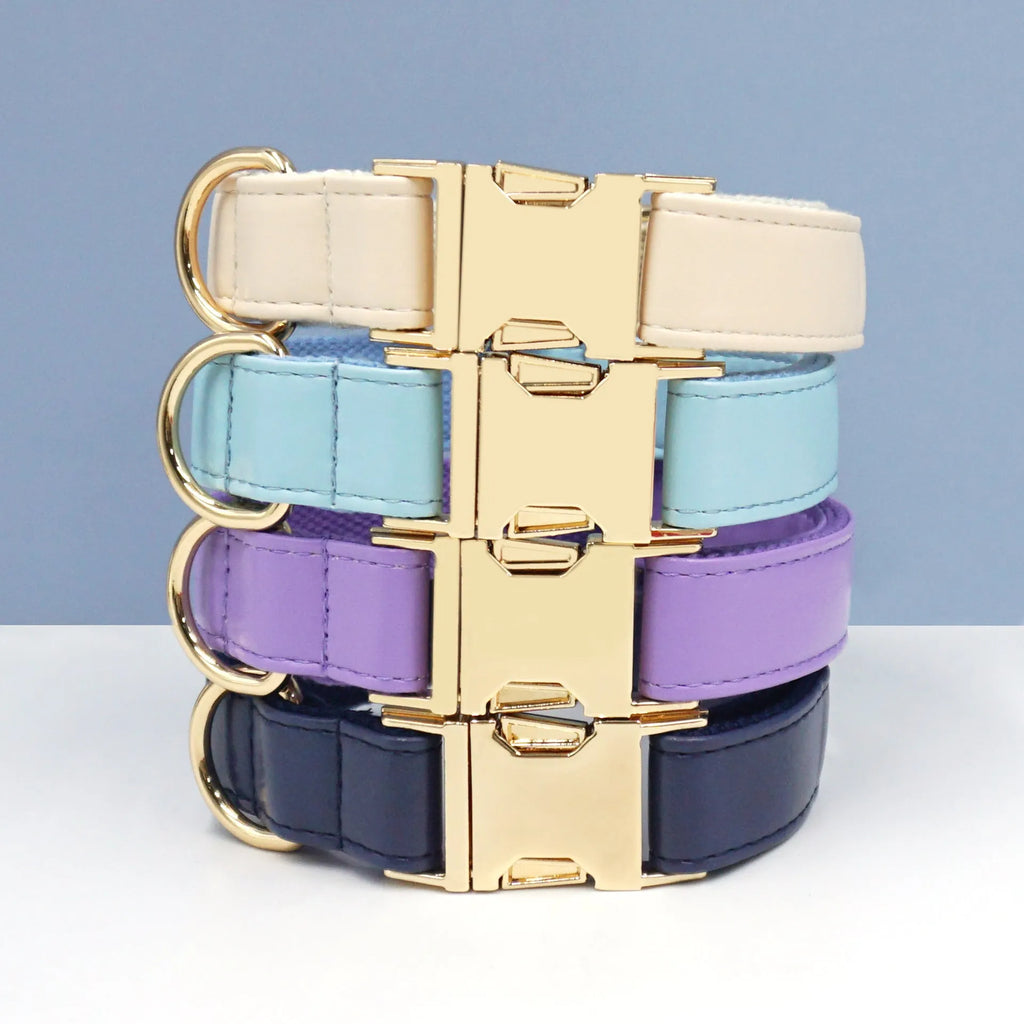 Simple colour blocking leather dog collar shown in a caramel colour, with labelled size options XS, S, M, L, XL.