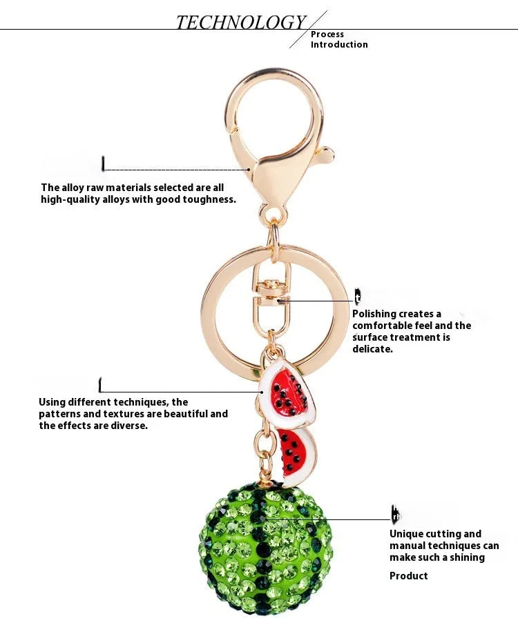 Green watermelon shaped zinc alloy keychain measuring 12cm in length