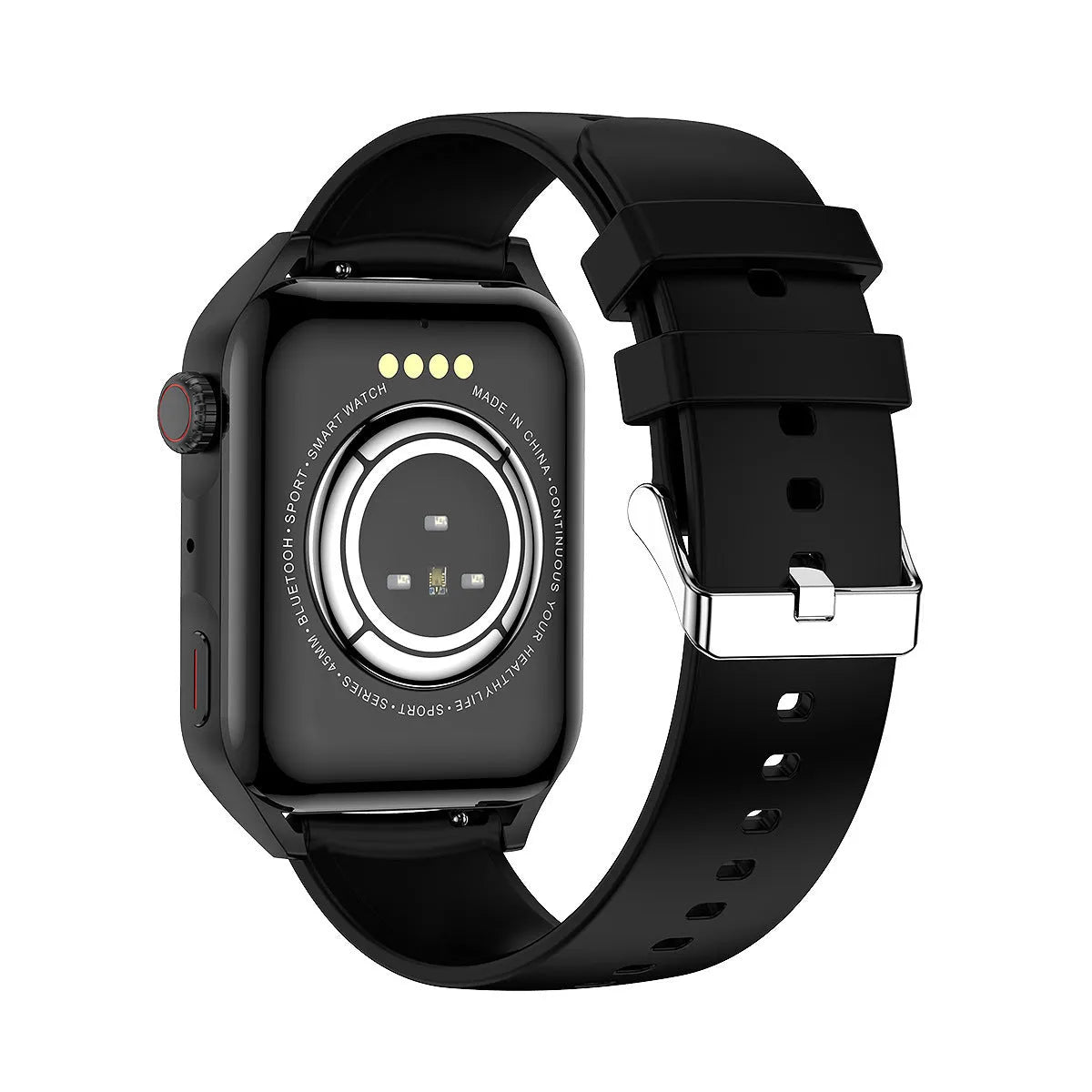 Smart watch with a 1.8 inch screen on a silicone wrist strap, shown in pink, black, and silver grey colours.
