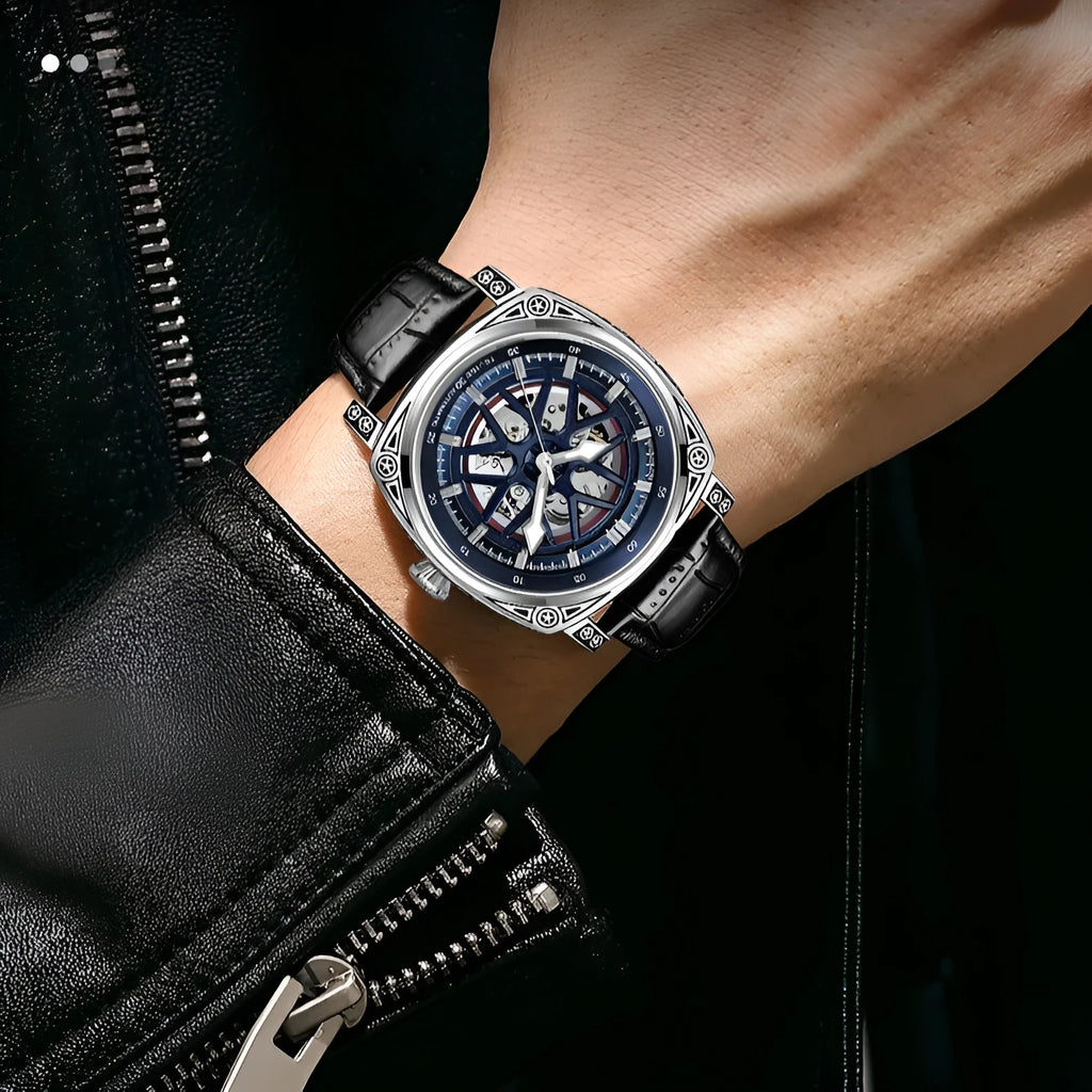 Men's automatic mechanical watch with stainless steel case and leather strap in four colour options