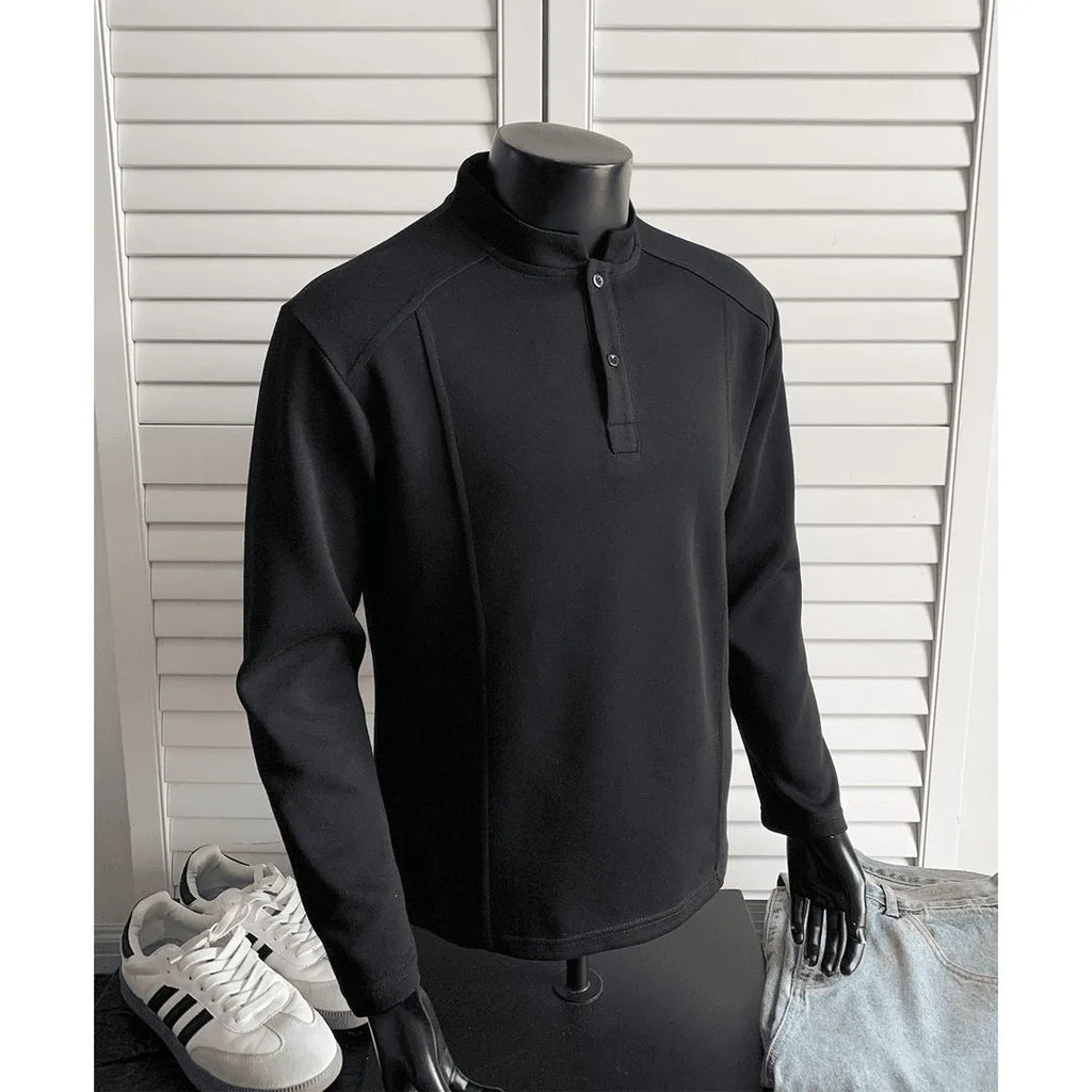 Men's patchwork stand-up collar cotton sweater shirt with asymmetric design in loose fit