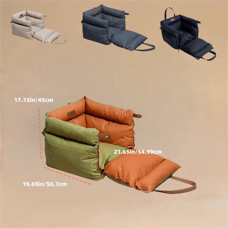 Green waterproof PU faux leather dog car nest with removable cushion, dimensions 55cm by 50cm by 45cm