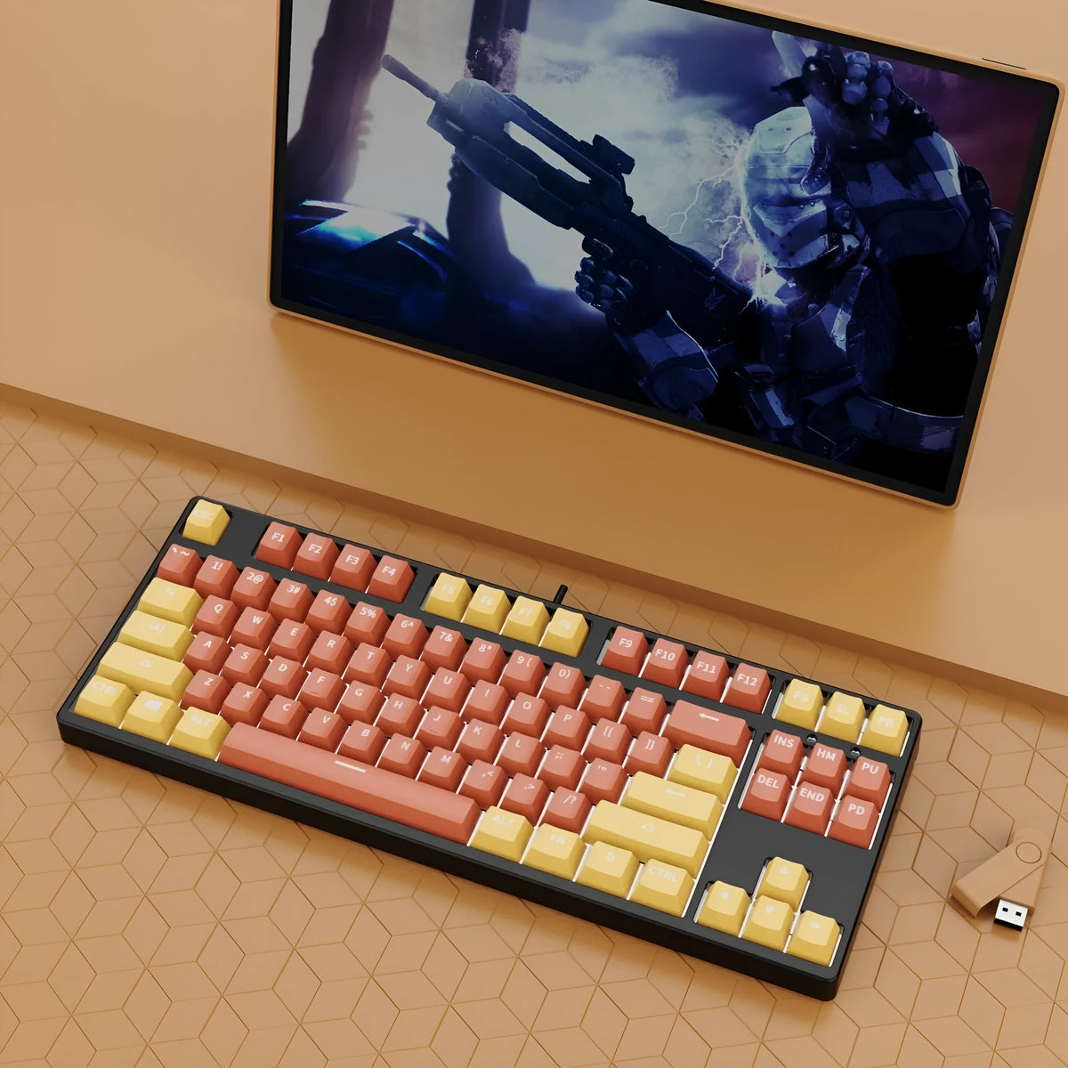 87 key wired mechanical keyboard with hot-swappable switches showing dual-colour keycap theme on metal body