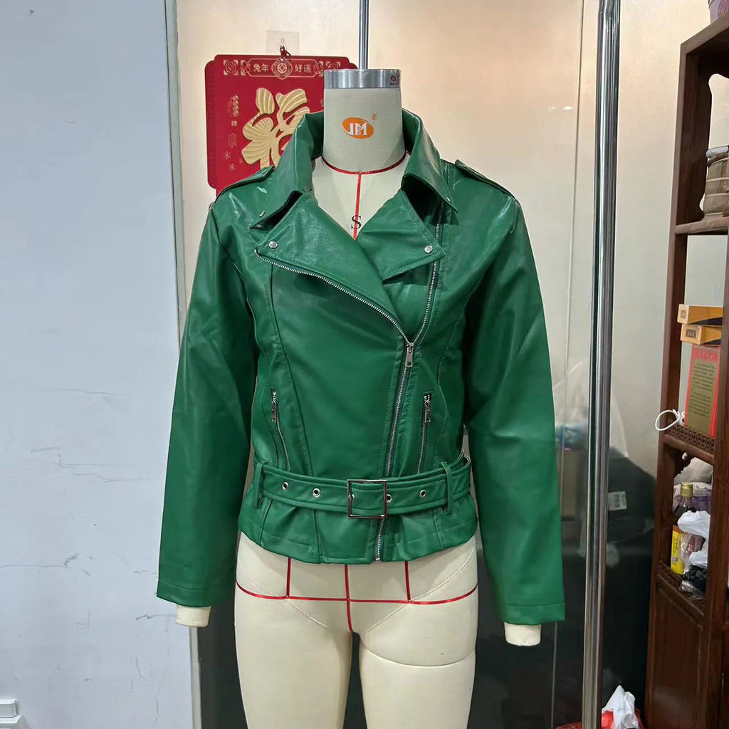 Punk short belt lapel locomotive style jacket in black blue or green faux leather with drawstring