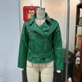 Punk short belt lapel locomotive style jacket in black blue or green faux leather with drawstring