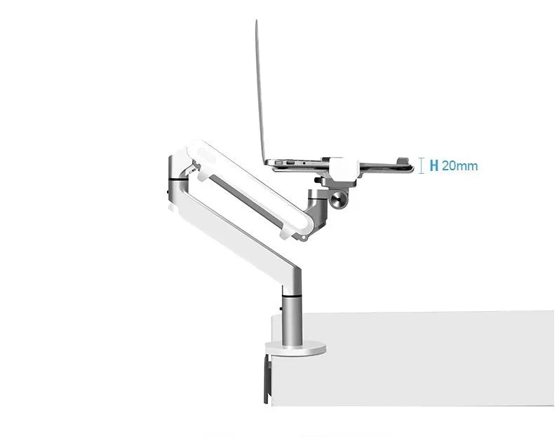 Silver aluminium laptop stand with adjustable air pressure arm bracket elevating a laptop